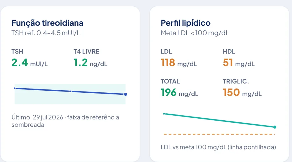 Função tireoidiana com TSH e T4 livre sobre a faixa de referência, ao lado do perfil lipídico com LDL, HDL, colesterol total e triglicérides frente à meta.